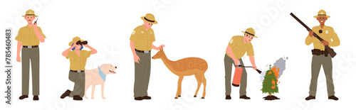 Forest rangers, park keepers and environmental police guardsman cartoon characters isolated set
