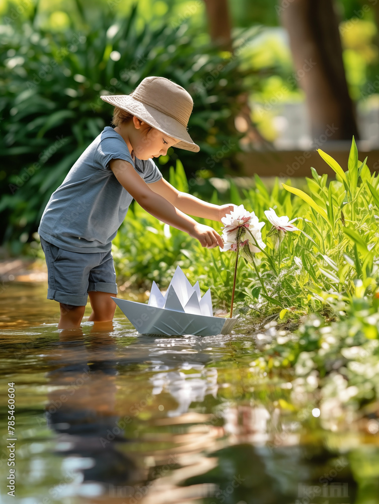 Little boy with paper boat playing in a stream Little boy with paper boat playing in a stream