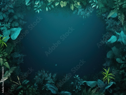 Teal frame background, tropical leaves and plants around the teal rectangle in the middle of the photo with space for text