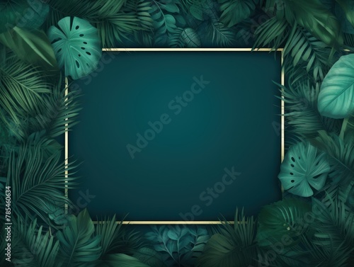 Teal frame background  tropical leaves and plants around the teal rectangle in the middle of the photo with space for text