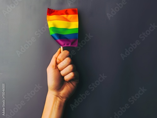 A hand with LGBT flag on solid background   copy space for text   Concept importance of pride