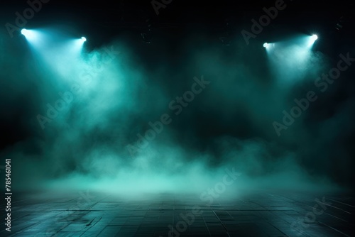 Teal stage background, teal spotlight light effects, dark atmosphere, smoke and mist, simple stage background, stage lighting, spotlights, © GalleryGlider