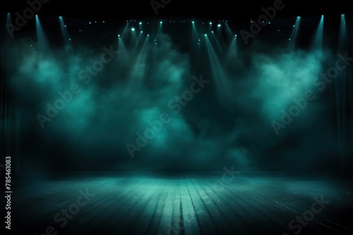 Teal stage background, teal spotlight light effects, dark atmosphere, smoke and mist, simple stage background, stage lighting, spotlights,