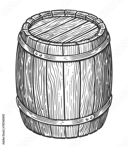 Oak barrel. Hand drawn wooden cask sketch engraving style vector illustration