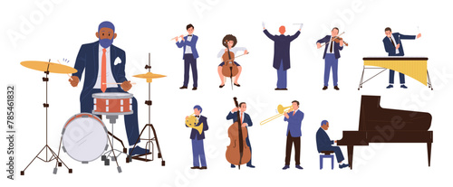 Big set with different classical musician cartoon characters performing with music instrument