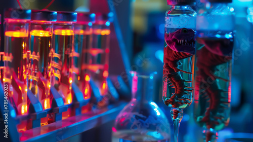 Mutant creature in a cybergene editing lab, glowing vials, forbidden science