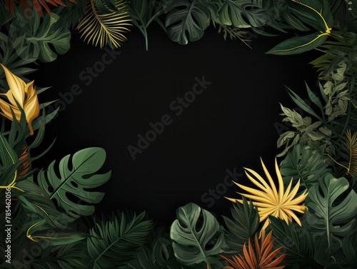 Tropical plants frame background with black blank space for text on black background, top view. Flat lay style. ,copy Space flat design vector illustration