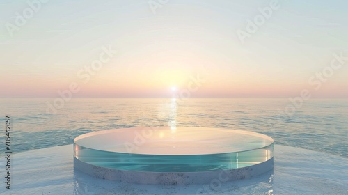 Oceanfront glass podium with a sunrise horizon, perfect for serene wellness product placement #785462057