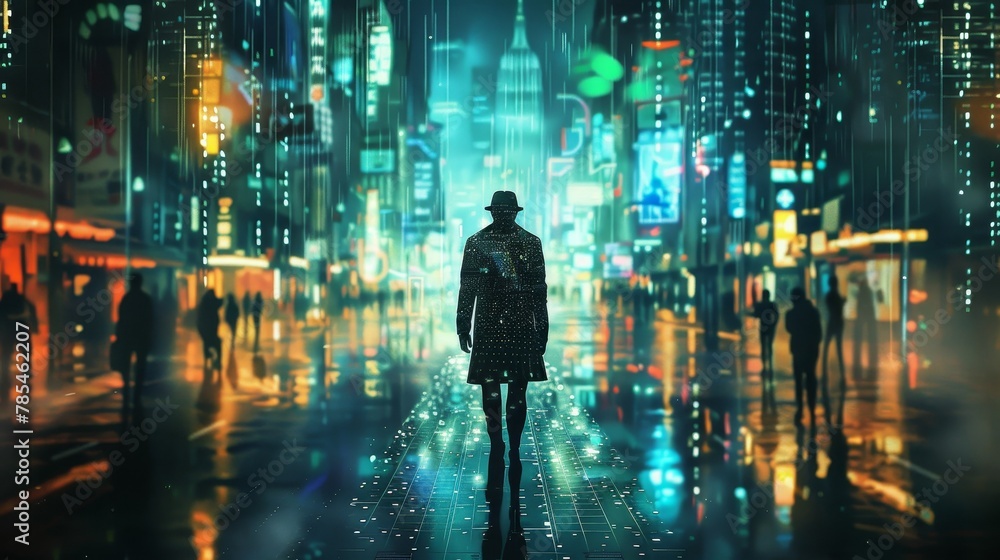 Supernatural detective in a virtual noir city, uncovering digital ghosts, cybermystery
