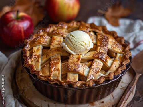 Classic apple pie with a flaky, buttery crust and a lattice top with a scoop of vanilla ice cream. 