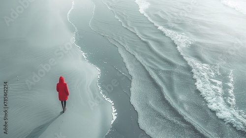 Vivid Wall Art Depicting Lonely Red-Coated Figure on Grey Beach. Red Figure Standing Alone on Monochromatic Shoreline with Gentle Waves