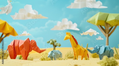 Toy savannah with origami animals roaming  playful plains