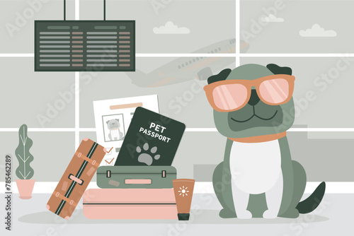 Vet passport that allows to travel with pet. Veterinary document confirming presence of vaccinations for pet. Dog with baggage and document for traveling waiting for flight.
