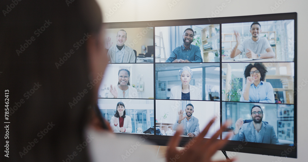 © peopleimages.com - Business people, video conference and team on screen for online presentation, discussion and wave hello. Group, virtual communication and global webinar call on computer in office for digital meeting © peopleimages.com - Business people, video conference and team on screen for online presentation, discussion and wave hello. Group, virtual communication and global webinar call on computer in office for digital meeting