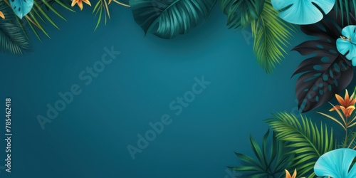 Tropical plants frame background with blue blank space for text on blue background, top view. Flat lay style. ,copy Space flat design vector illustration