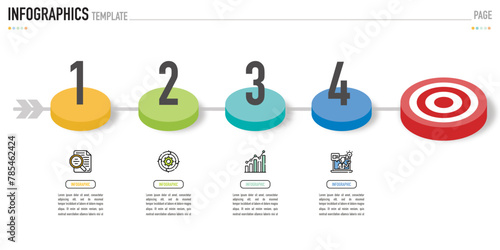 Circular isometric infographic template or element with 4 step, process, option, colorful 3D circle, tag, button, label, icons, row, bar, funnel, fishbone, tree diagram for sale slide, web, flowchart
