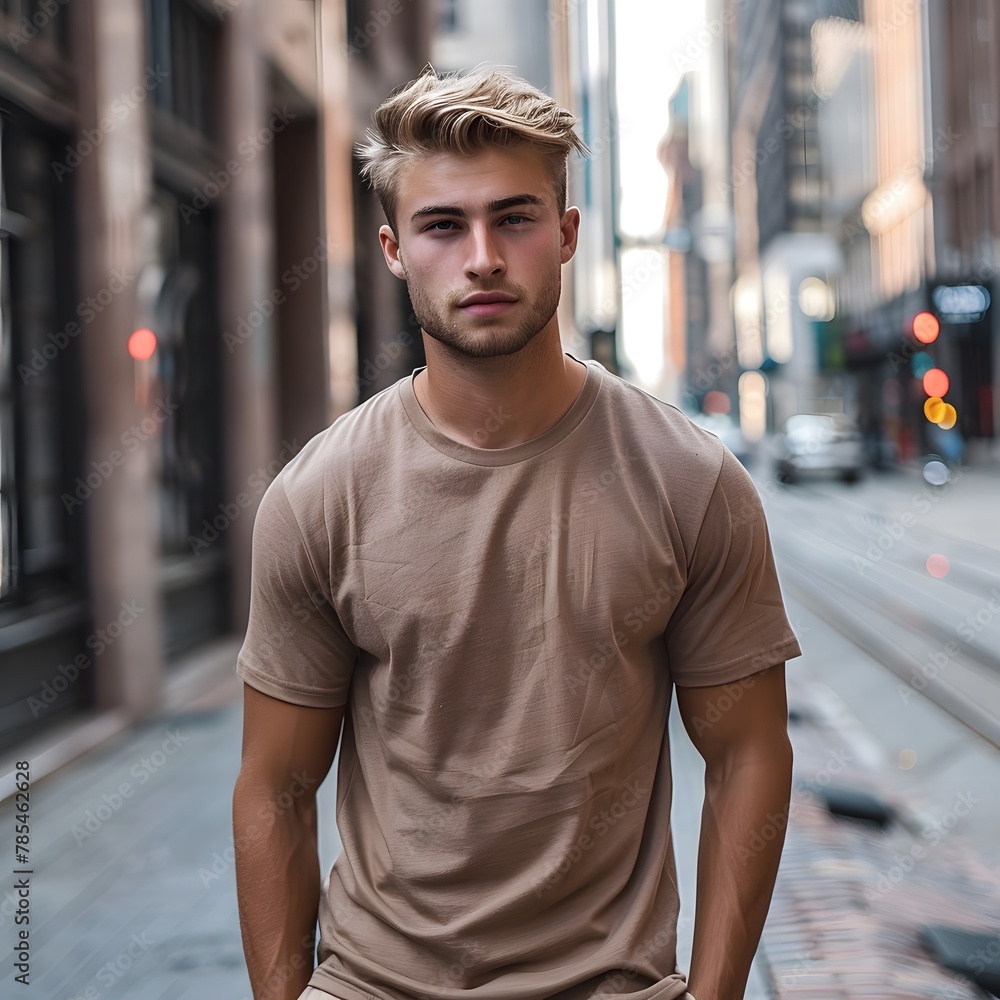Male model with blonde hair wearing a pebble brown t-shirt mockup Male model with blonde hair wearing a pebble brown t-shirt mockup