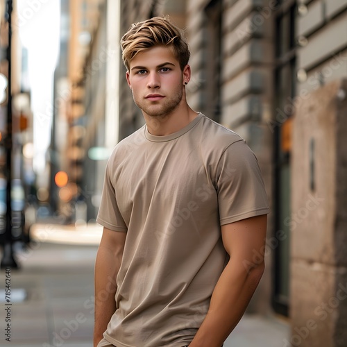 Male model with blonde hair wearing a pebble brown   t-shirt mockup  © Valentin