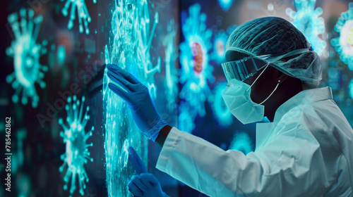 Scientist Touching Screen Where Ebola Virus Start photo