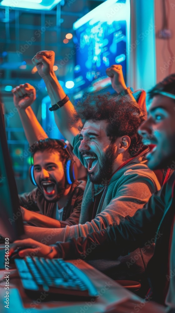 A group of excited gamer friends from different countries (Asian, Indian, Arab, European, African) in their gaming room