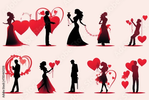 A collection of silhouettes of people holding hands and hearts