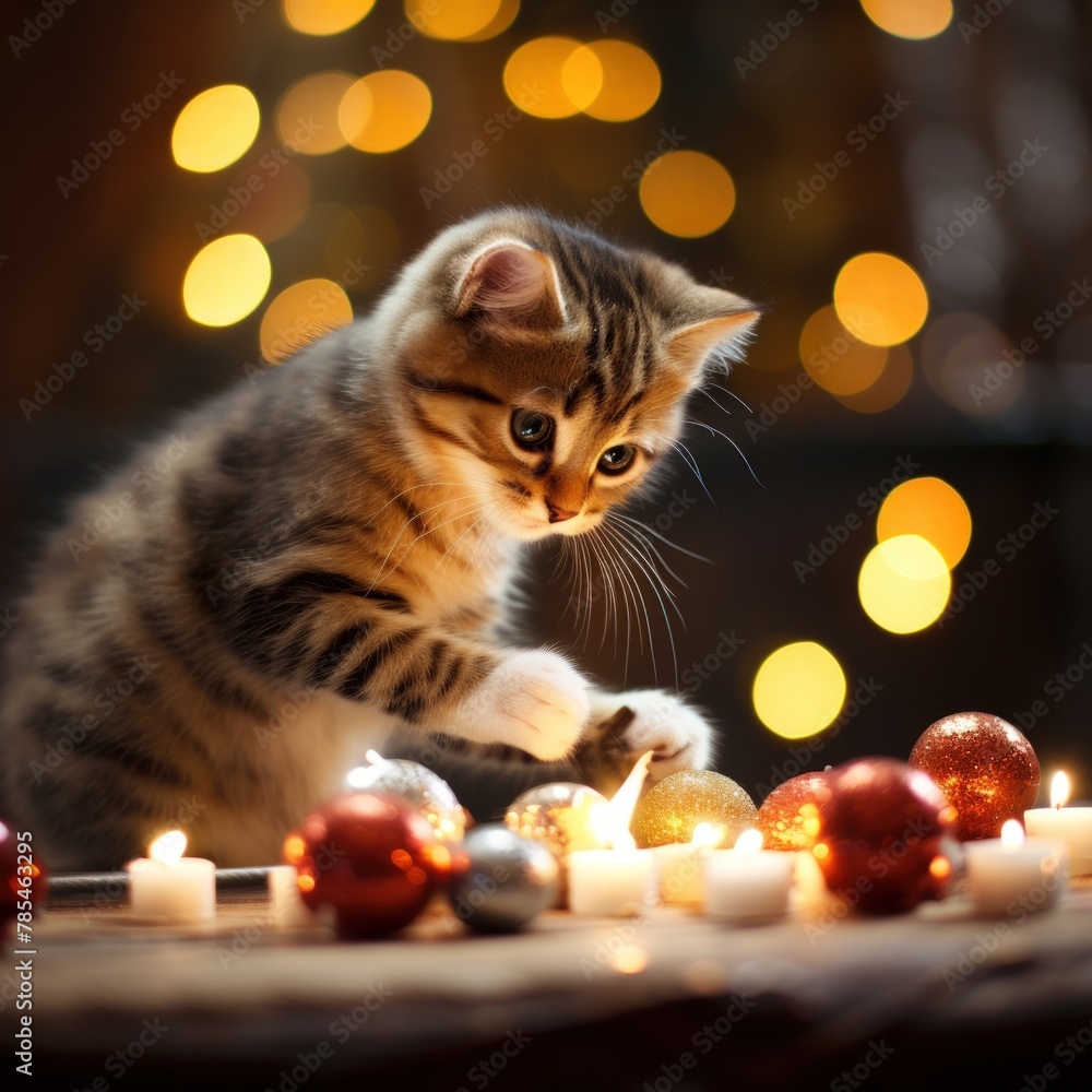 A fluffy kitten sits on a table next to Christmas ornaments.