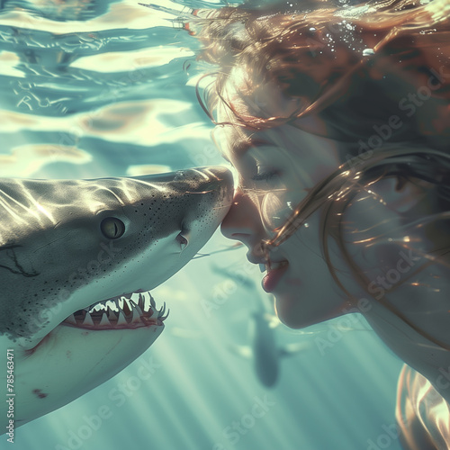 Underwater encounter between a woman and a great white shark. photo