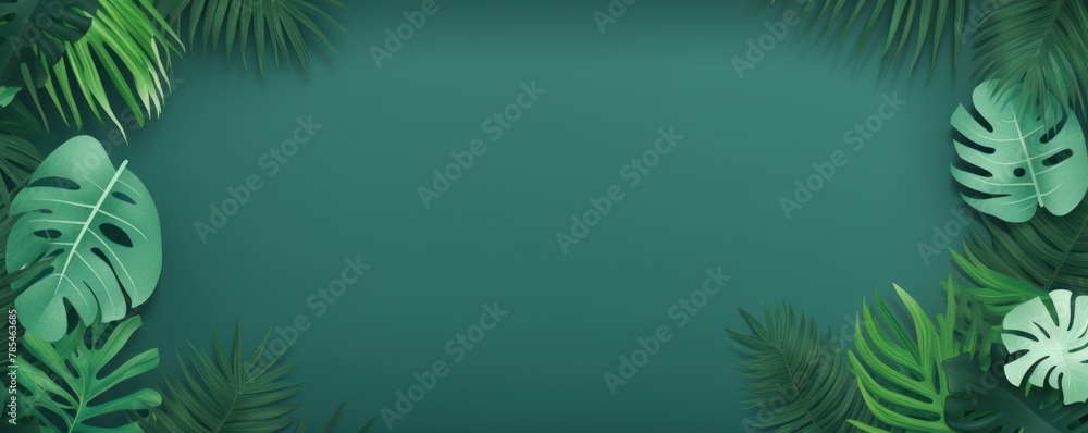 Tropical plants frame background with green blank space for text on green background, top view. Flat lay style. ,copy Space flat design vector illustration