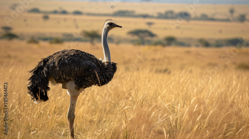 Side profile of female ostrich standing in dry grass 