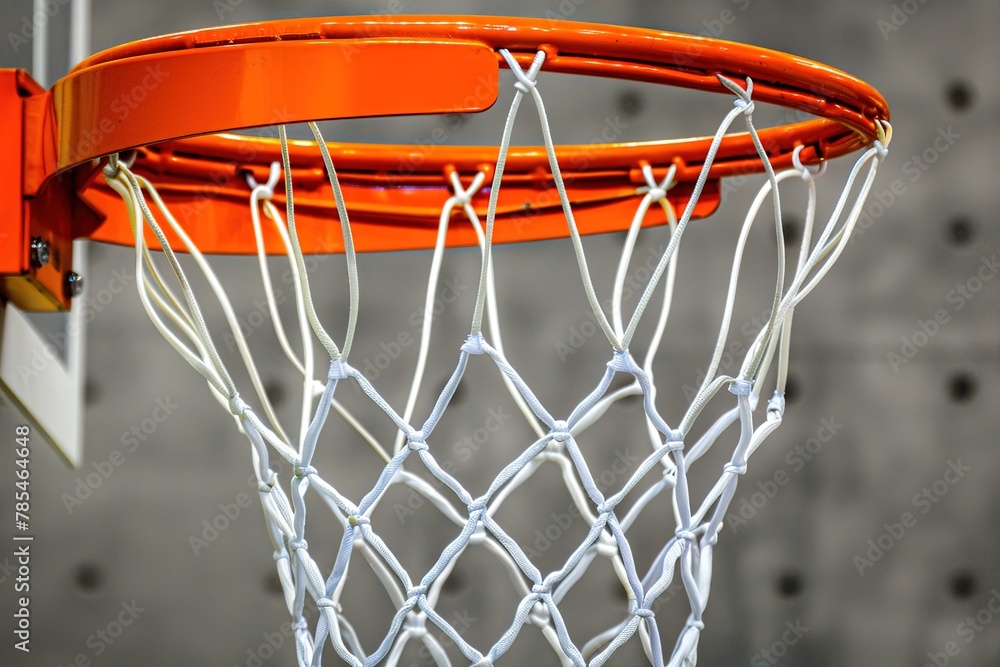 Close-up view of a basketball hoop with a net against a blurry background.