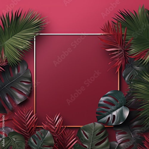 Tropical plants frame background with maroon blank space for text on maroon background, top view. Flat lay style. ,copy Space