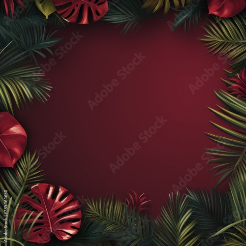 Tropical plants frame background with maroon blank space for text on maroon background  top view. Flat lay style.  copy Space