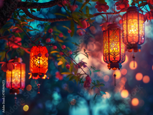 Colorful lanterns, ethereal, festival night