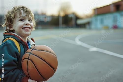 Young boy smiling joyfully, holding a basketball in an outdoor court.
