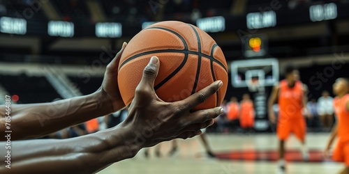 Close-up of a basketball being held before a game on the court.