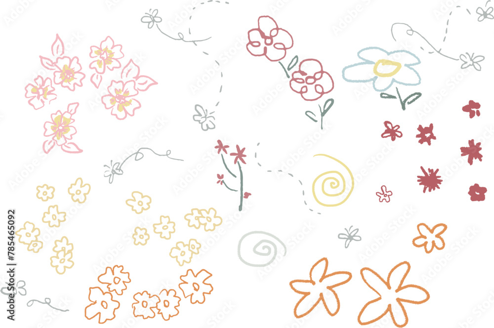 Floral seamless pattern. Pastel colors. Hand drawn vector illustration. Children's drawing.