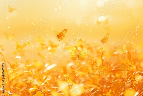 Golden butterflies flying away from a meadow with sunny light bokeh background. Landscape. Wallpaper. Backdrop