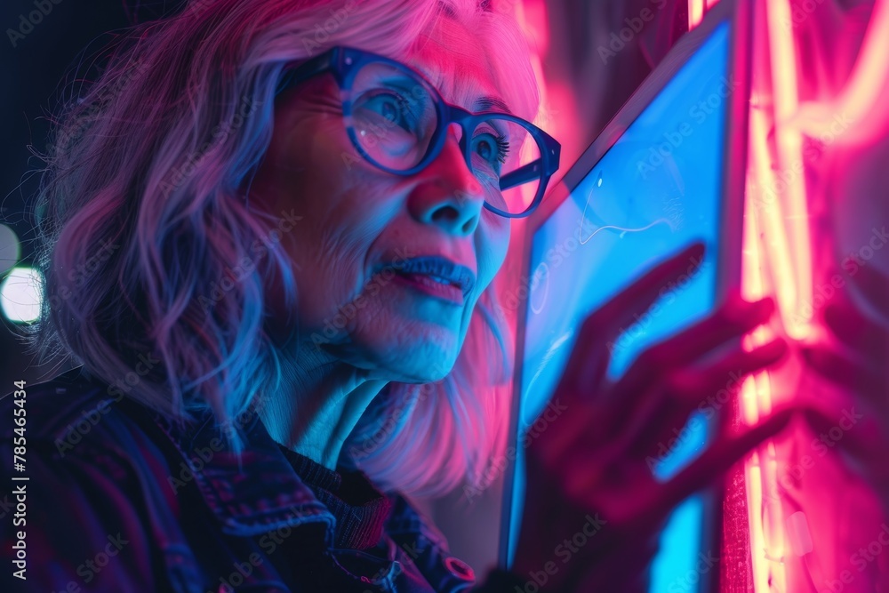 App display looking over a shoulder of a middle-aged woman holding a tablet with a completely neon screen App display looking over a shoulder of a middle-aged woman holding a tablet with a completely neon screen