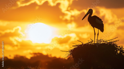 Silhouette of a Jabiru Stork Standing on its Nest in P photo