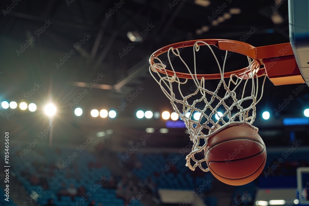 Close-up of a basketball going through the hoop in an arena.