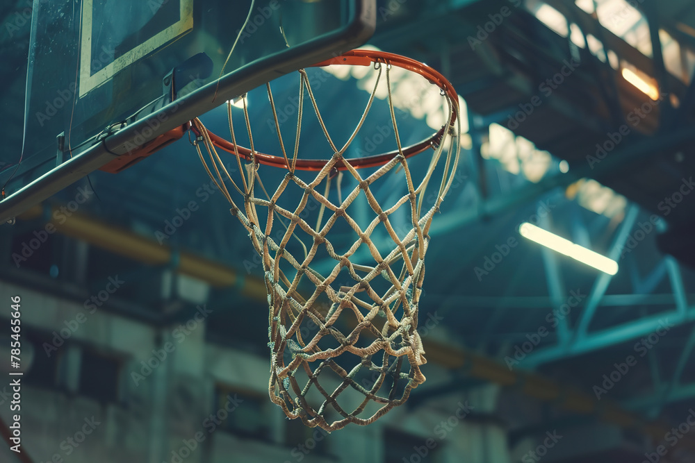 Close-up of a basketball hoop in an indoor gym with lighting overhead.