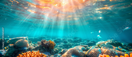 underwater scene with reef and fishes, sunrays photo