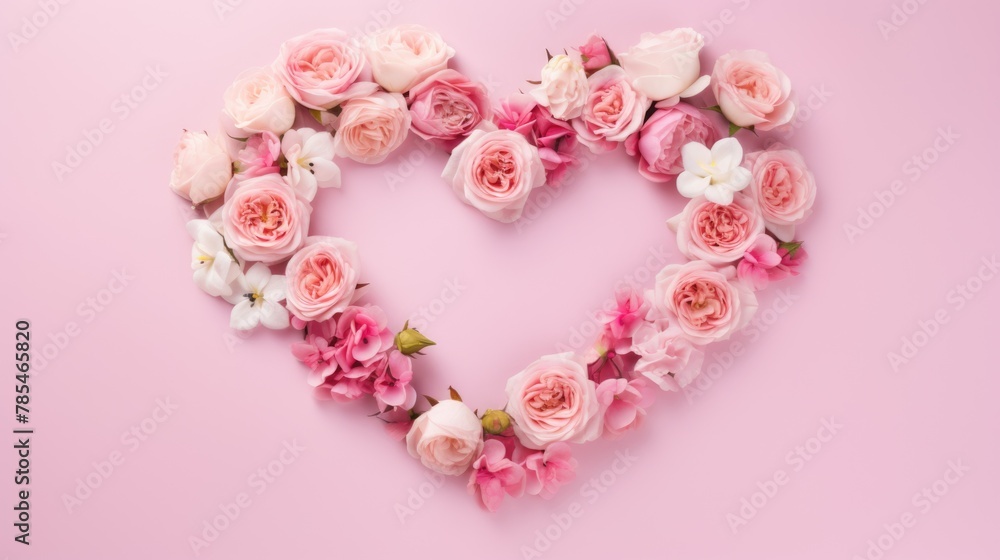 heart shape rose ranunculus buttercup frame pink background, ai