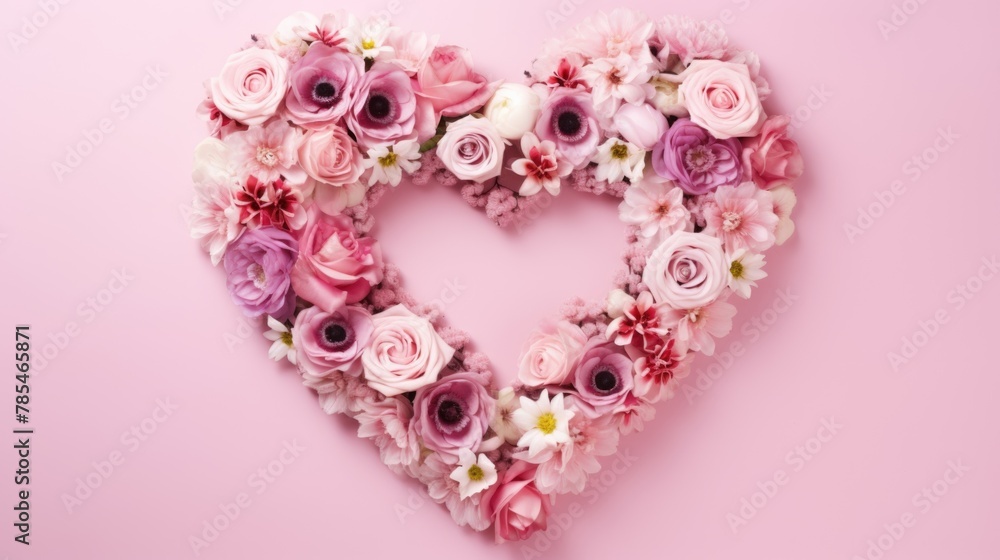 heart shape rose ranunculus buttercup frame pink background, ai