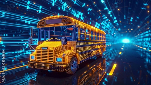 digital school bus with binary code, integration of artificial intelligence into student transportation systems, route optimization algorithms, safety monitoring mechanisms, school bus management.  © png-jpeg-vector