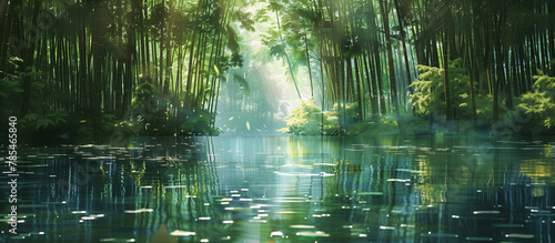 Lake frames by a dense bamboo forest © sssimone