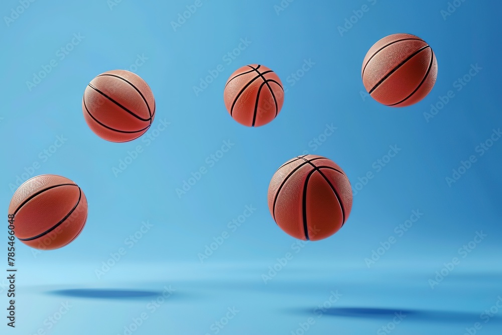 Multiple basketballs frozen in midair against a clear blue sky.
