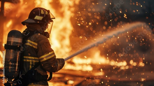 Image of brave, heroic firefighter extinguishes, spraying water burning flames rising from building.