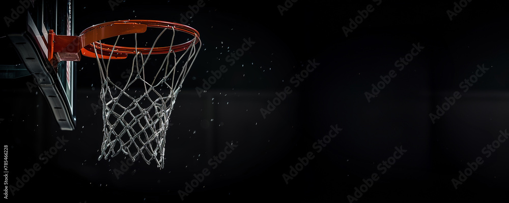A basketball hoop against a dark background with a focus on the net and rim.