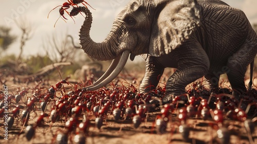 Many ants work together to knock down a huge elephant, teamwork